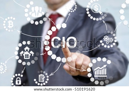 CIO or chief information officer concept presented by businessman touching on virtual screen. career in IT information technology officer to administrator staff. Chief Investment Officer acronym. Foto stock © 