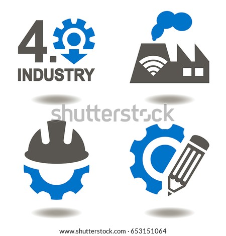 Industry 4.0 vector icon set. Industrial innovative information technologies illustrations. Smart factory integration. Automation Modernization Engineering in manufacture. AI IOT Development Learning.