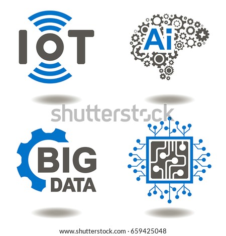 IOT AI BIG DATA MICROCHIP Vector Icon Set. Internet of things Artificial Intelligence Data Micro Circuit Information Technology Illusration. Innovative Technologies Graphic Signs.