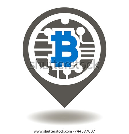 Bitcoin Circuit Board Place Vector Icon. Block Chain Currency Microchip Location Internet Money Button. ICO Fintech.