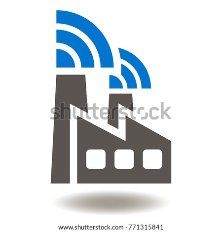 Wireless Connection IOT Factory Vector Icon. WiFi Plant illustration. Smart Connect Industry 4.0 Sign. Internet of Things , IoT Industrial Logo Symbol.