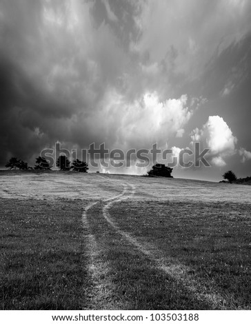 abstract black and white landscape with country road in meadow