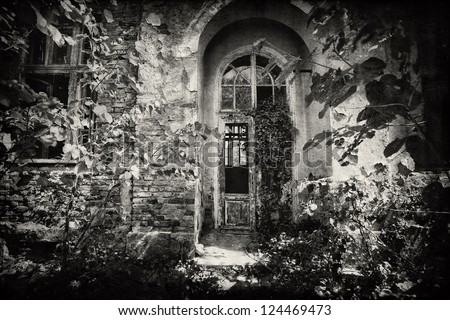 front door of spooky vintage building- textured background