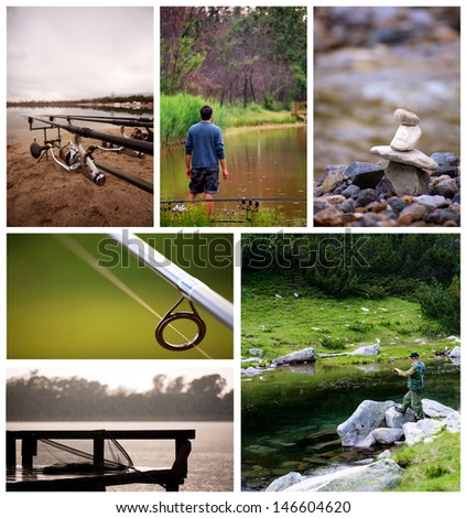 fishing details collage from several nature of river and lakes