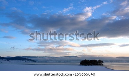 blue calm winter lake- bulgarian nature landscape