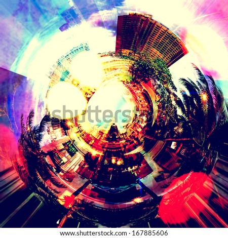 abstract colorful urban grunge background with many lights and bokeh in night city