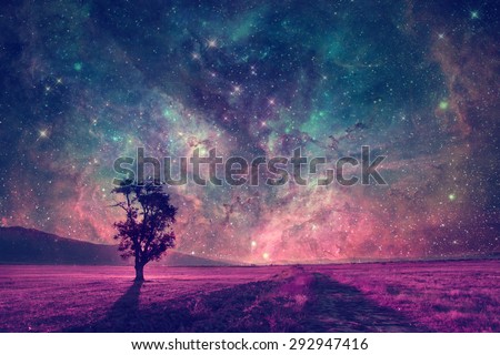 red alien landscape with alone tree silhouette in purple field- elements of this image are furnished by NASA