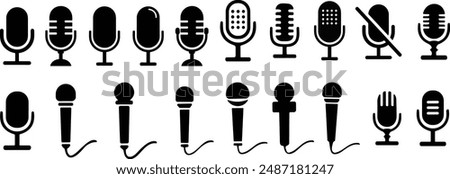 Microphone Icons set. variant microphone icon. Karaoke mic collection. Podcast web and mobile icons. Voice sign, Record. Microphone recording Studio Symbol. Retro microphone icon vector illustration