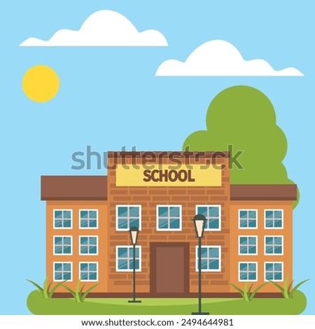 Vector illustration of school building. Front yard. Welcome back to school.Back to school colorful letters.