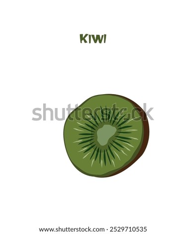 Vector illustration of half kiwi isolated on white background. Flat food card with the inscription Kiwi. Organic food, healthy nutrition, vitamins. Fruit Card for Food Industry and Education