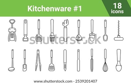 Kitchenware vector line icons. Corkscrew, opener, slotted spoon, pastry brush, spaghetti spoon, cheese knife, cook spoon, ladle, cream spatula, tongs, peeler, straight fork, whisk, ice cream scoop etc