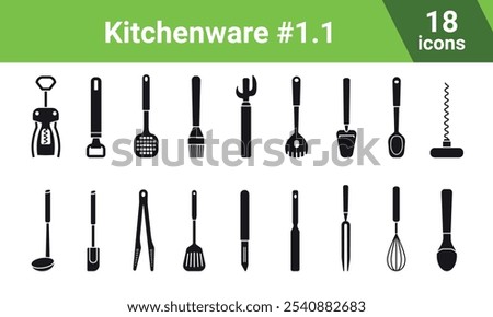 Filled icons of kitchen tools. Vector kitchen utensils: сorkscrew, opener, slotted spoon, pastry brush, spaghetti spoon, cheese knife, ladle, cream spatula, tongs, peeler, fork, whisk, ice cream scoop