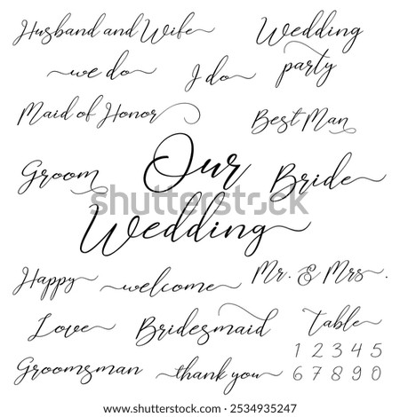 Handwritten Wedding vector set,  Black calligraphy wedding vector set, Bride vector, Team Bride