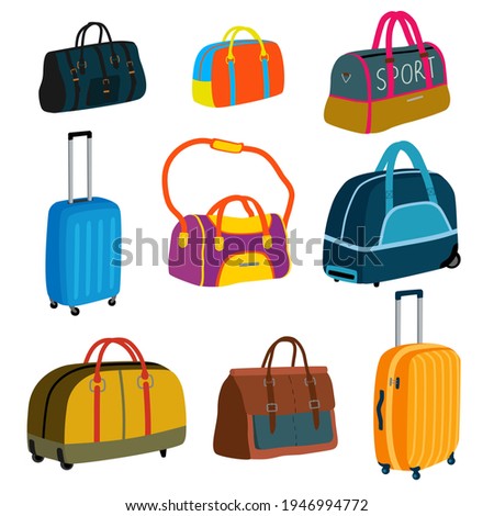 Set of different suitcases and travel bags. Baggage, luggage. Sports bag, leather briefcase, women handbag, wheeling suitcase. Cartoon flat vector illustration