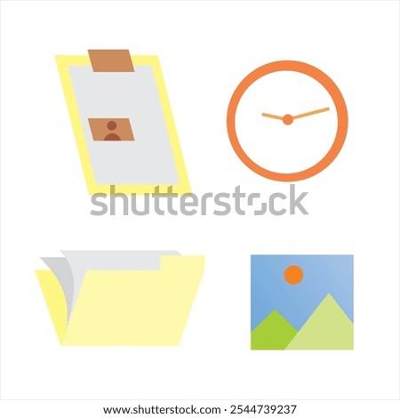 Minimalist icon set consisting of clipboard, clock, folder and image.Suitable for various purposes, such as presentations, websites, or graphic design.