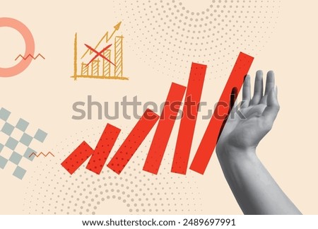 Financial crisis concept, human hand pushing unstable bar graph in retro 80s collage mixed media vector illustration. Design for economic collapse, bank failure and devaluation.