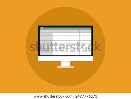 vector image of a computer with a screen displaying a spreadsheet program, minimal illustration