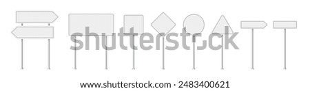 Road traffic signs of different shapes on metal poles vector illustration set. 3d realistic white blank street signboards. Isolated empty roadside signposts to notice information, danger, guide.