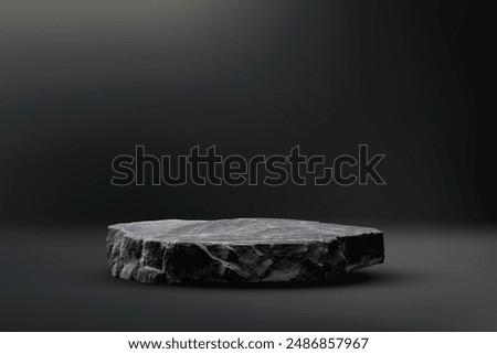 Stone podium background. Rock stand product display. Natural black marble pedestal on dark wall for product placement. Modern minimal cosmetic design. Fashion beauty realistic vector illustration.