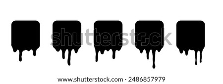 Paint melted drip shape icons set vector illustration. Splash of black ink square drop, liquid blobs melt and flow with splatters, simple stickers with fluid droplets on wall isolated on white.