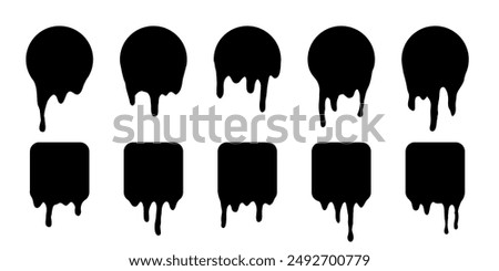 Paint melted drip shape icons set vector illustration. Splash of black ink circle and square drop, liquid blobs melt and flow, simple stickers with fluid droplets on wall isolated on white.