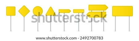 Road traffic signs of different shapes on metal poles vector illustration set. 3d realistic yellow blank street signboards. Isolated empty roadside signposts to notice information, danger, guide.