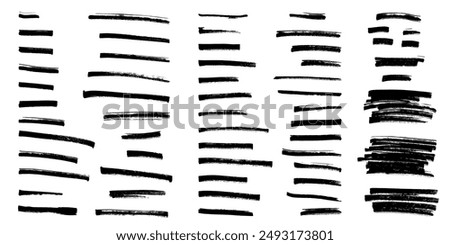 Black highlight marker lines isolated on white background. Various marker pen strokes with different length and thickness hand drawn set. Realistic vector graphic modern design elements.