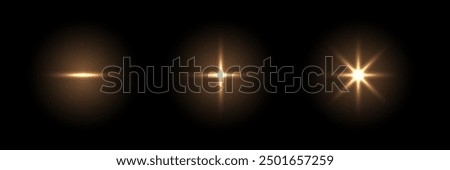 Shine light with flash effect. Golden glow stars glared on black background. Bright sparkling vector illustration set. Flash of light with ray beams in space. Abstract sunshine sparkle glares.