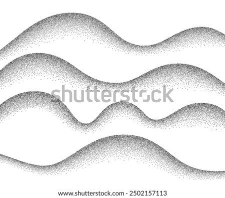 Sand grain texture wavy pattern background. Abstract dot stipple waves, black noise dotted lines, sand texture, grainy effect, vector illustration isolated on white.