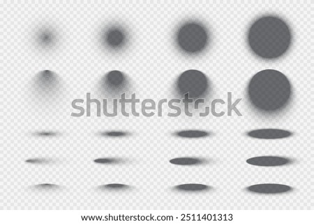 Round and oval objects with shadows. Gray circle shades on floor or wall surface. Different circle templates with shadow effect. Vector set isolated on transparent.