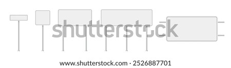 Road traffic signs of different shapes on metal poles vector illustration set. 3d realistic white blank street signboards. Isolated empty roadside signposts to notice information, danger, guide.