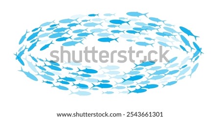 Fish group swimming. School of bluefish. Silhouette of group of sea fishes. Abstract vector illustration isolated on transparent.