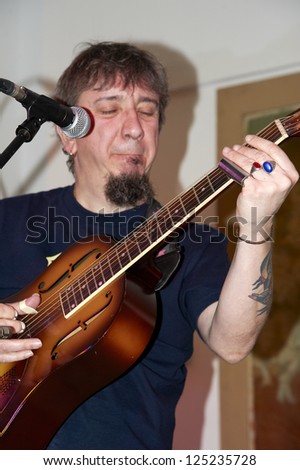 ISEO,ITALY - JANUARY 18:  exhibition live of the italian blues guitar player Max De Bernardi at the Castle Oldofredi for the event \