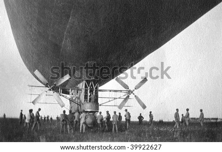 ROME - MAY 7 : Vintage photograph shows Italian airship \'Forlanini\' ready to take off at Ciampino Airport May 7, 1918 in Rome, Italy.