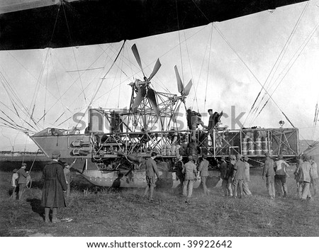 ROME - MAY 7 : Vintage photograph shows Italian airship \'M.9\' tubolar cabin and gets ready for flight at Ciampino Airport on May 7, 1918 in Rome, Italy.