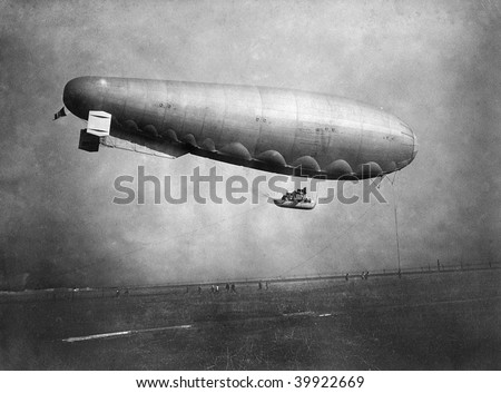 ROME - MAY 7 : Vintage photograph shows Italian airship \'M.51\' with wooden cabin and three engines in flight at Ciampino Airport on May 7, 1918 in Rome, Italy.