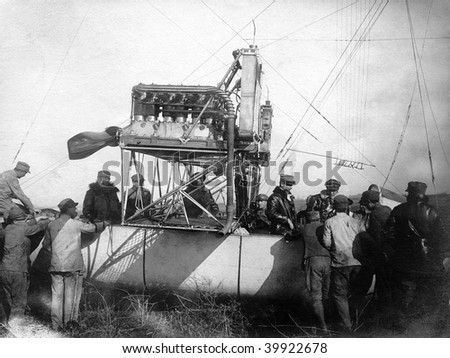ROME - MAY 7 : Vintage photograph shows the cabin of Italian airship \'P.V.3\' and gets ready for flight at Ciampino Airport on May 7, 1918 in Rome, Italy.