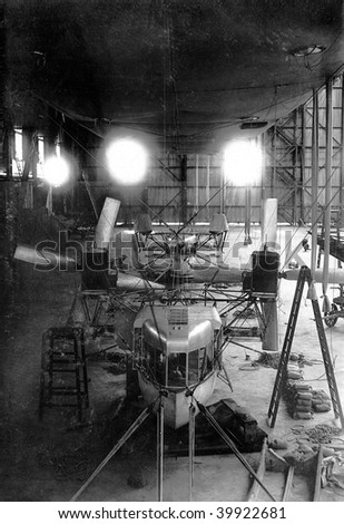 ROME - MAY 7 : Vintage photograph shows the Italian airship \'A.2\' after 8 days being assembled in the hangar at Ciampino Airport on May 7, 1918 in Rome, Italy.