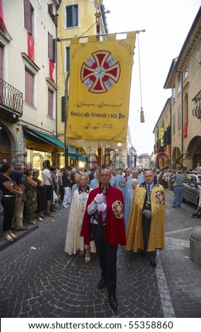 PADUA,ITALY - JUN 13:Feast of St.Anthony of Padua,a congregation of believers,The Knights of Christianity and Peace,participating  at procession trough  streets of  city, June 13,2010 in Padua,Italy