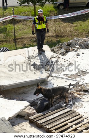 OSPITALETTO, ITALY - AUGUST 21: World Championship rescue dogs, a dog of italian dog unit to a test for the surface,August 21,2010 in Ospitaletto,Italy