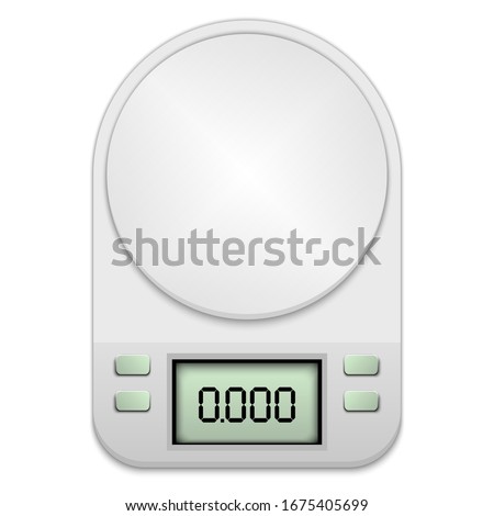 Electronic kitchen scales for products. Weight measurement. Scales for weighing. Measuring device. Vector illustration isolated on a white background.