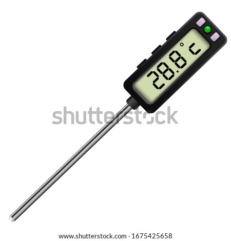 Digital kitchen thermometer. Internal temperature indicator. Diagnostic tool, kitchen equipment. Measurement, electronic devices. Vector illustration isolated on a white background.
