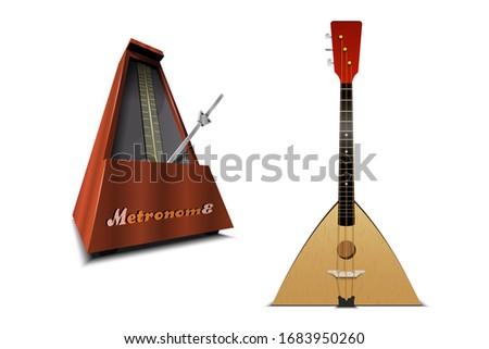 Balalaika music instrument. Retro folk musical guitar. Stringed tool.
Metronome with pendulum. Vintage wooden style. Equipment of music and beat mechanism. Vector Illustration.