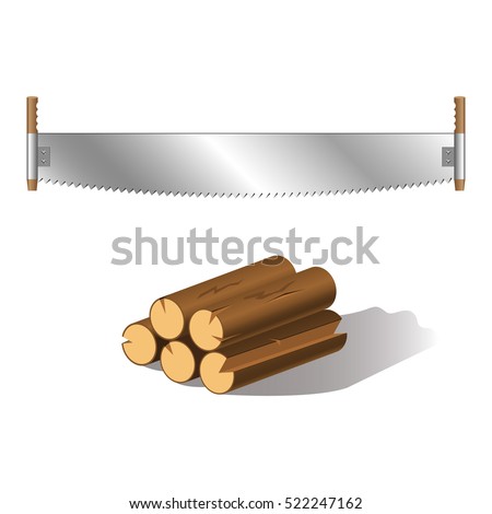 Two-hand saw with wooden handle and firewood, vector illustration isolated on white