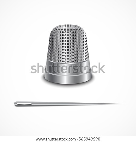 Steel thimble and needle for sewing. Vector illustration on white background
