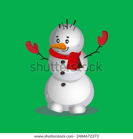 snowman in red scarf and mittens  from three snow balls