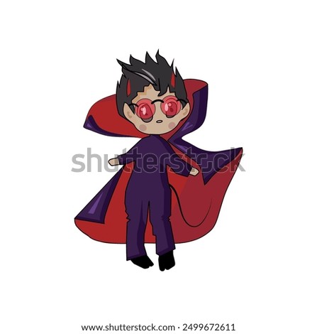 Halloween costume of a scary little devil in a cloak and red glasses with horns