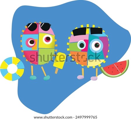 The Miny Moes go to the beach. Summer day colorful cartoon Funny cute abstract little stylized creatures with sun glasses banana ice cream, watermelon Geometric shapes collage yellow blue pink purple