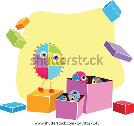 The Miny Moes celebrate Boxing Day. colorful cartoon with vibrant yellow, green, blue, pink purple. Stylized cute little monsters and varius boxes full of toys. Kids print, baby design