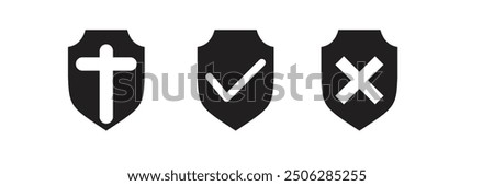 Shield with cross icon , plus icon and tick and wrong icon vector icon set .